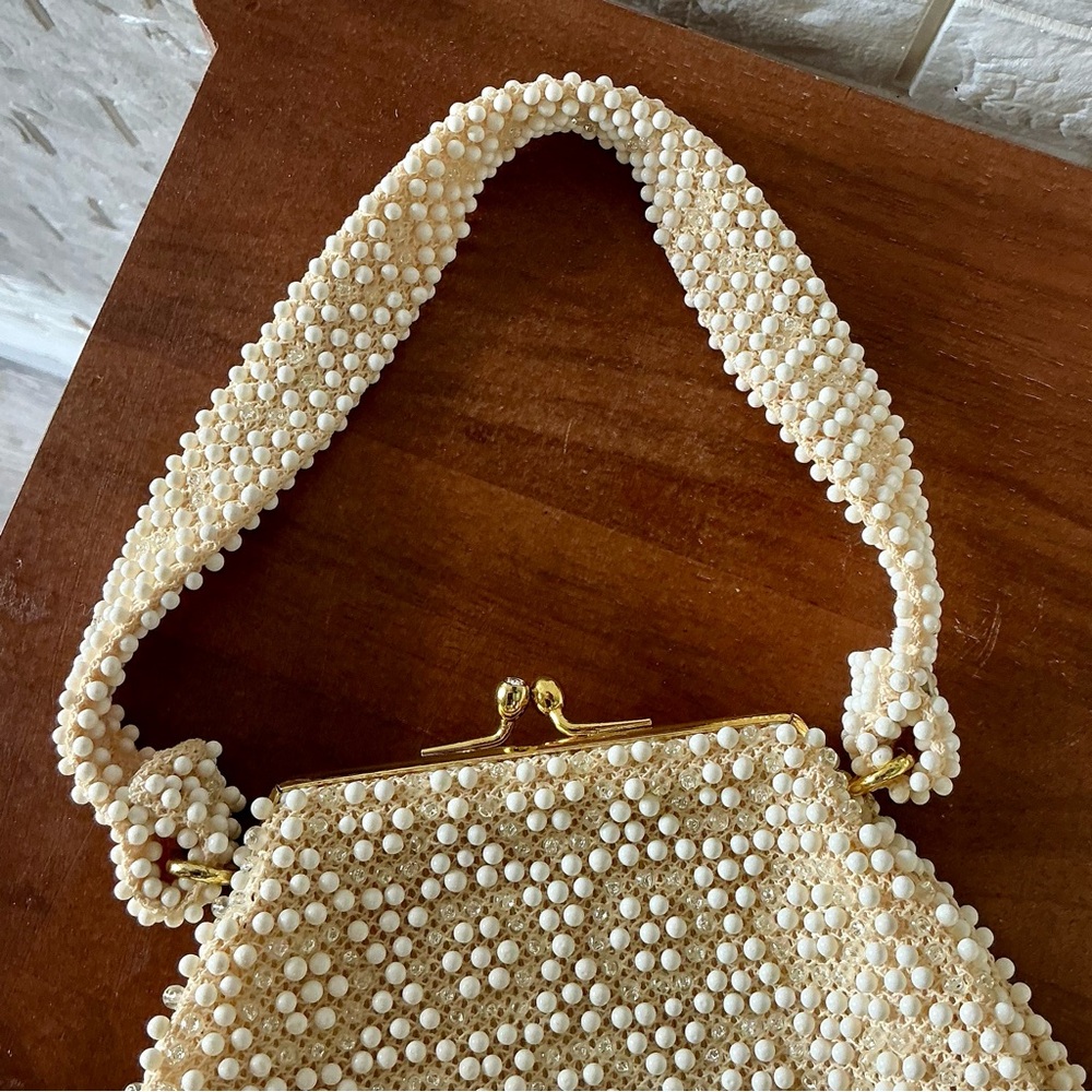 SOLD Vintage 1950s Corde Beade Ecru Ornately Circle Patterned Pearl-Like Beaded - Picture 11 of 16